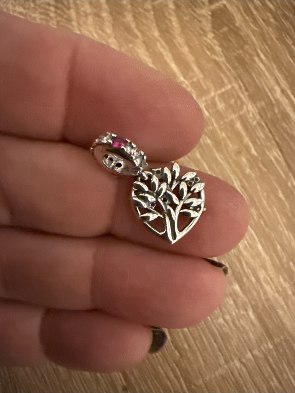 Silver Tree of Life Heart Charm - Pink Accent